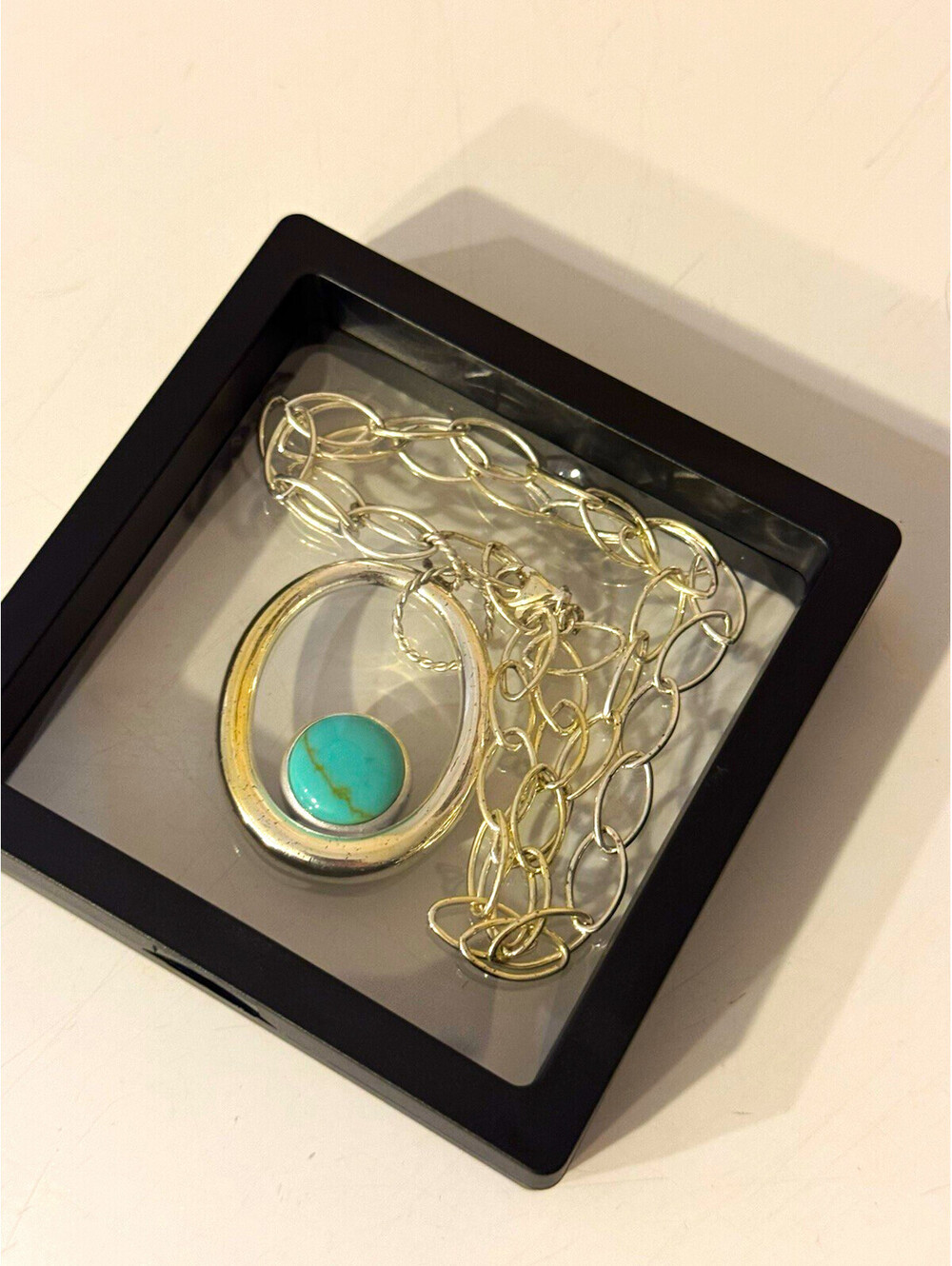 925 Sterling Silver Turquoise Oval Pendant Necklace Unmarked Chain Southwestern